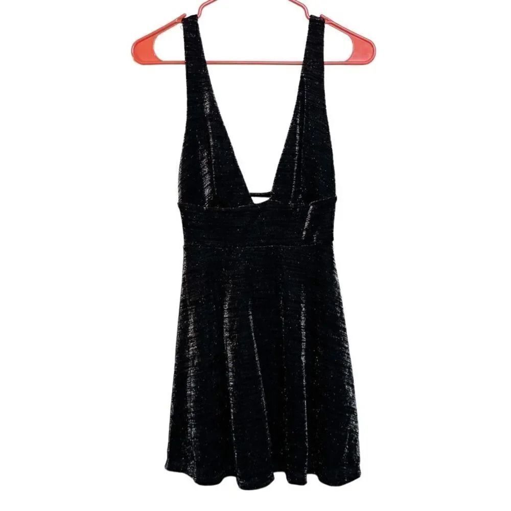 Urban Outfitters Plunging Neck Semi Sheer Mini Dress Metallic Black & Silver XS
